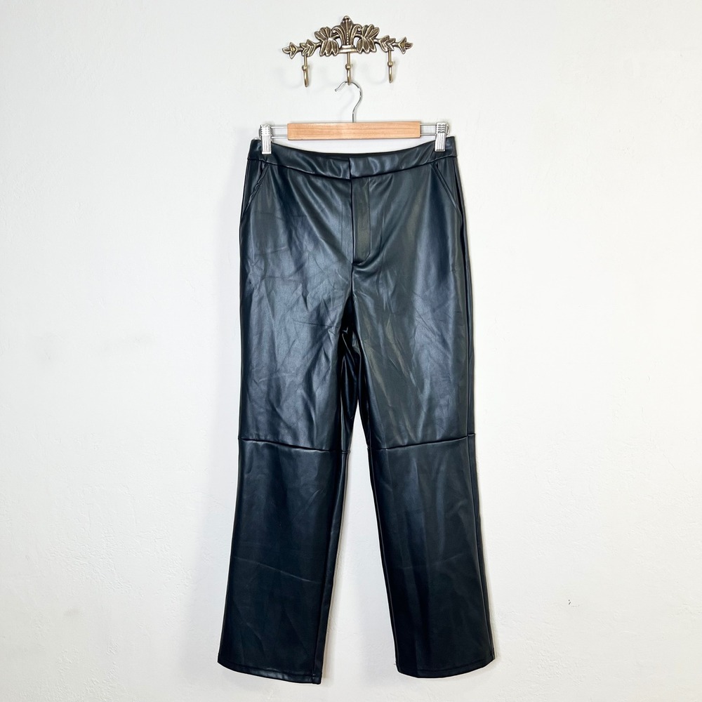Lulus Vegan Faux Leather Straight Leg Trousers Size Medium Black Pants NEW